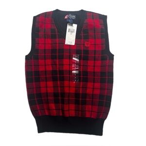 Chaps Boys Plaid Sweater Vest Red Black Size 7 NWT Cotton